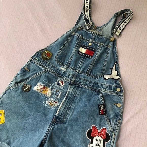Tommy Jean Overalls 90s Vintage Rework Hilfiger Convertible Spell Out Patches S - Picture 9 of 12
